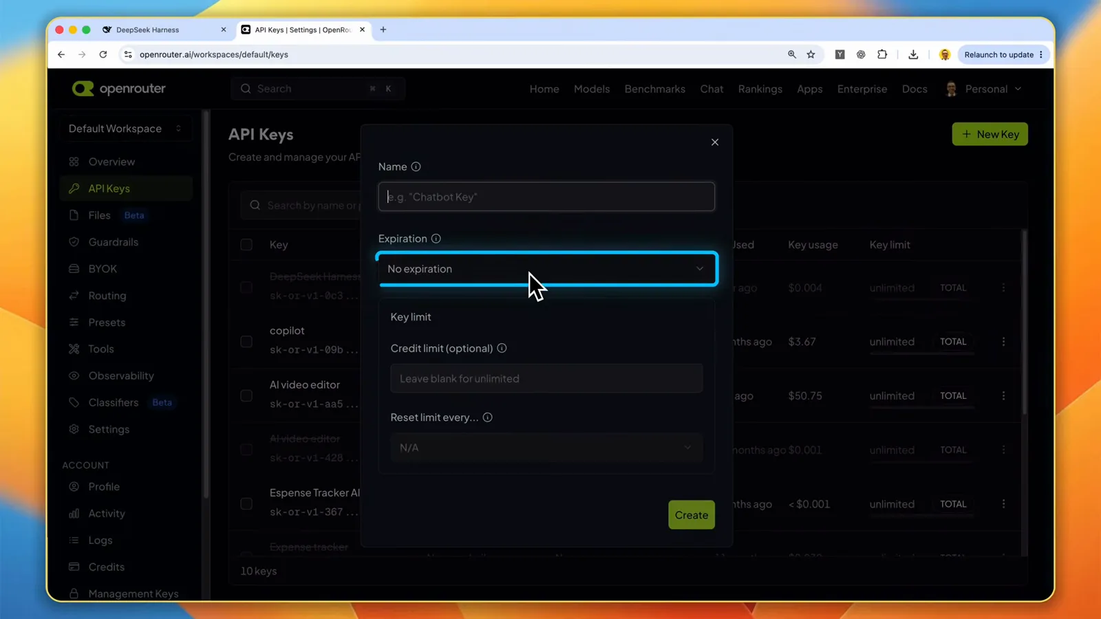 OpenRouter New Key dialog on the API Keys page with the name field empty, a No expiration dropdown, and a Credit limit left blank for unlimited spending above the Create button