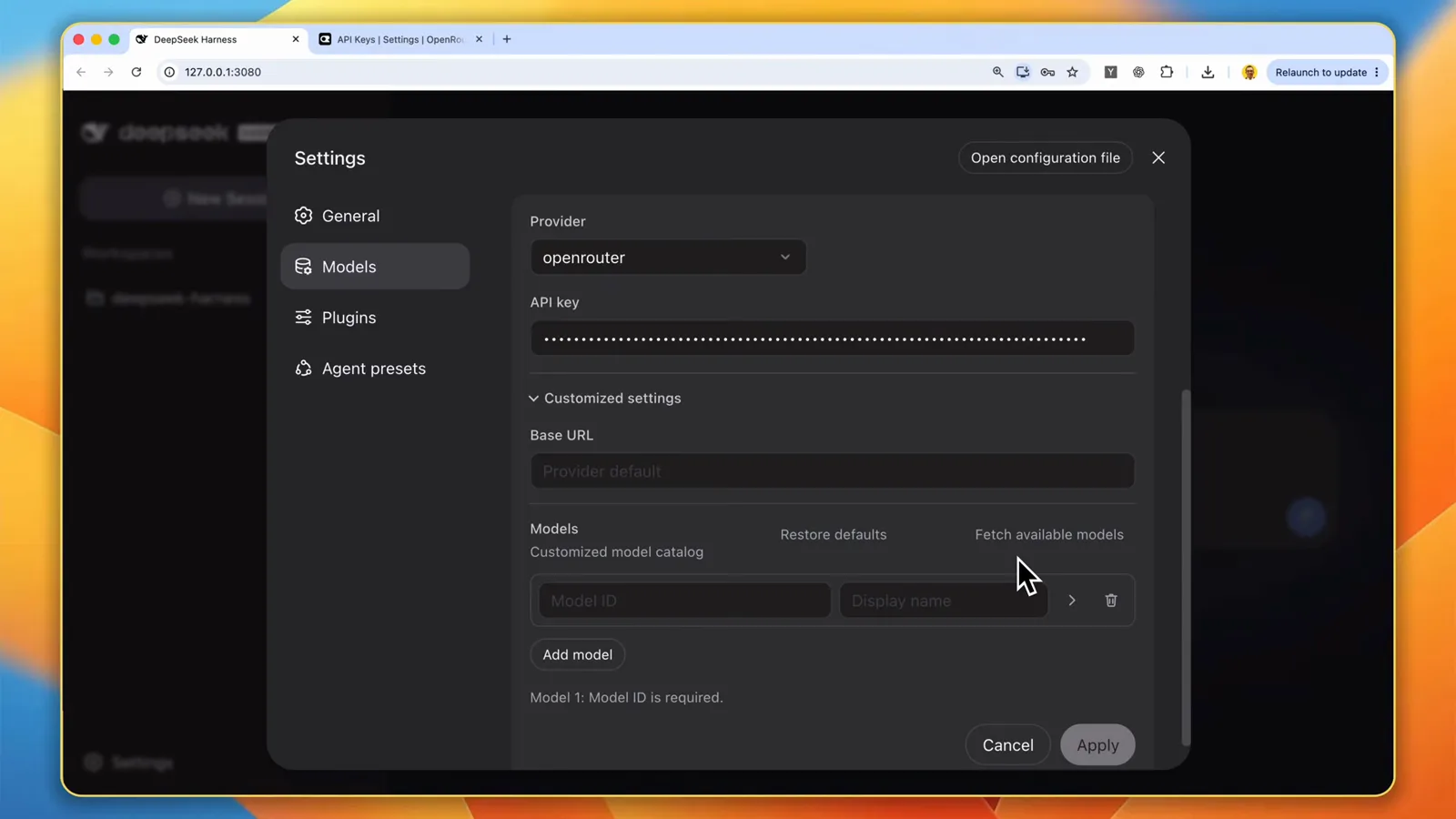 DeepSeek Harness settings dialog on the Models tab with Provider set to openrouter, a masked API key, and the Customized model catalog offering Add model and Fetch available models above Cancel and Apply