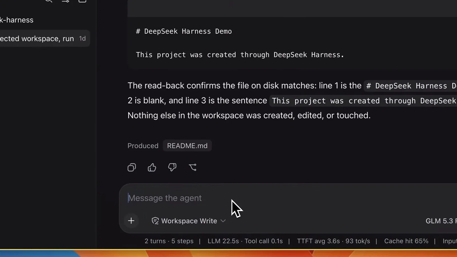 DeepSeek Harness chat view showing the produced README.md with the DeepSeek Harness Demo heading and the read-back confirmation that the file on disk matches while nothing else was touched