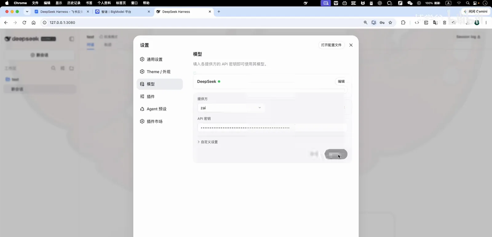 ZAI provider form inside DeepSeek Harness settings with the API key pasted as a masked value, cursor resting on the save button ZAI provider form inside DeepSeek Harness settings with the API key pasted as a masked value, cursor resting on the save button