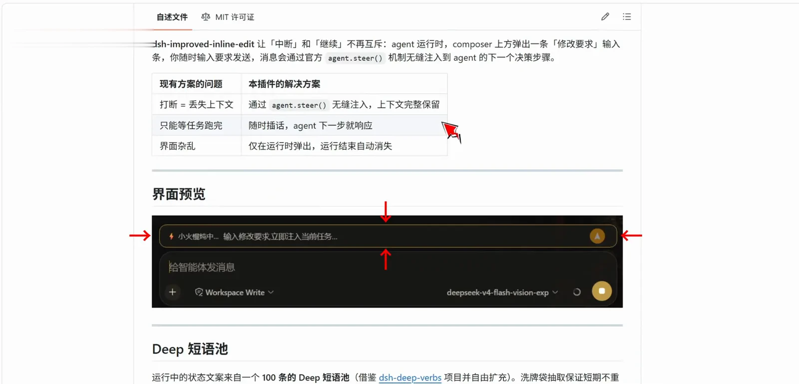The dsh-improved-inline-edit README body with its comparison table: the intro explains messages ride the official agent.steer() call into the next decision step, three rows contrast intact context, chime-in-anytime and a run-only bar, with the UI preview and Deep phrase pool sections below