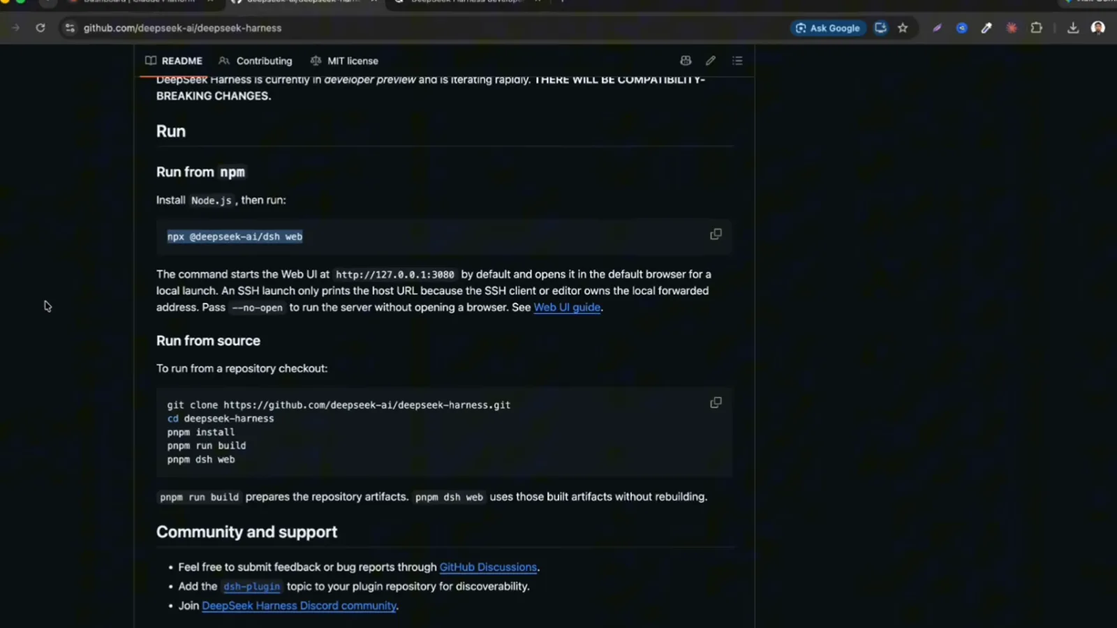 In the deepseek-ai/deepseek-harness README, the Run section places npx @deepseek-ai/dsh web next to the clone-and-build path. In the deepseek-ai/deepseek-harness README, the Run section places npx @deepseek-ai/dsh web next to the clone-and-build path.