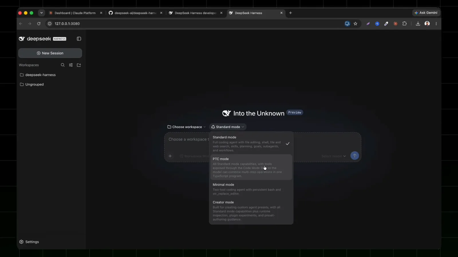 Four presets — Standard, PTC, Minimal and Creator — appear in the DeepSeek Harness mode selector on the composer. Four presets — Standard, PTC, Minimal and Creator — appear in the DeepSeek Harness mode selector on the composer.