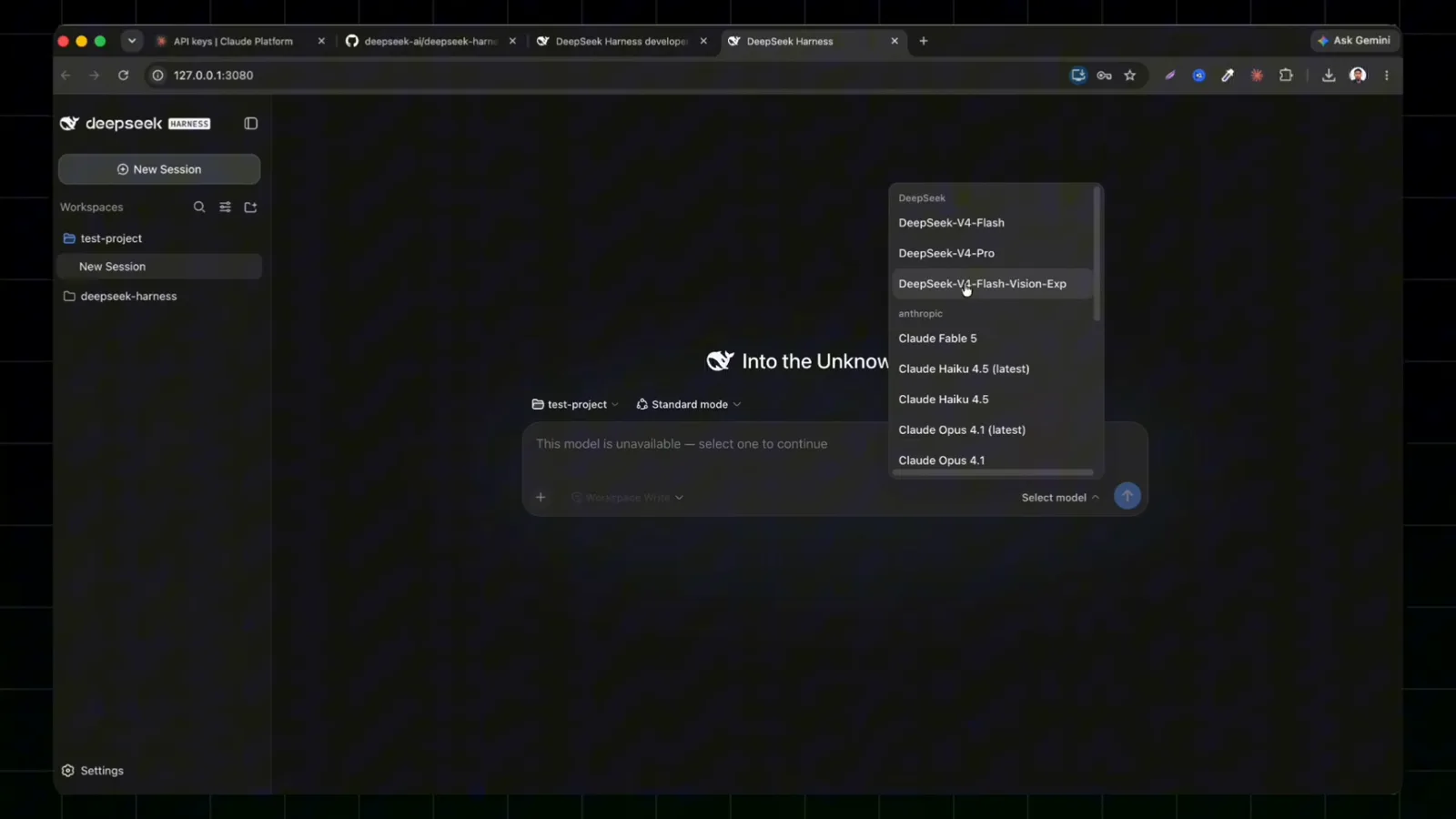 With providers connected, the DeepSeek Harness model picker fills with DeepSeek V4, MiniMax and Claude models. With providers connected, the DeepSeek Harness model picker fills with DeepSeek V4, MiniMax and Claude models.