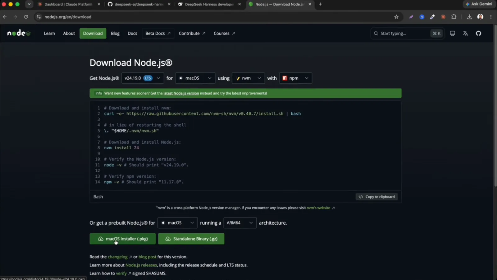 The nodejs.org download page lists the two apt commands that install the Node.js 22 runtime DeepSeek Harness needs on Debian and Ubuntu. The nodejs.org download page lists the two apt commands that install the Node.js 22 runtime DeepSeek Harness needs on Debian and Ubuntu.