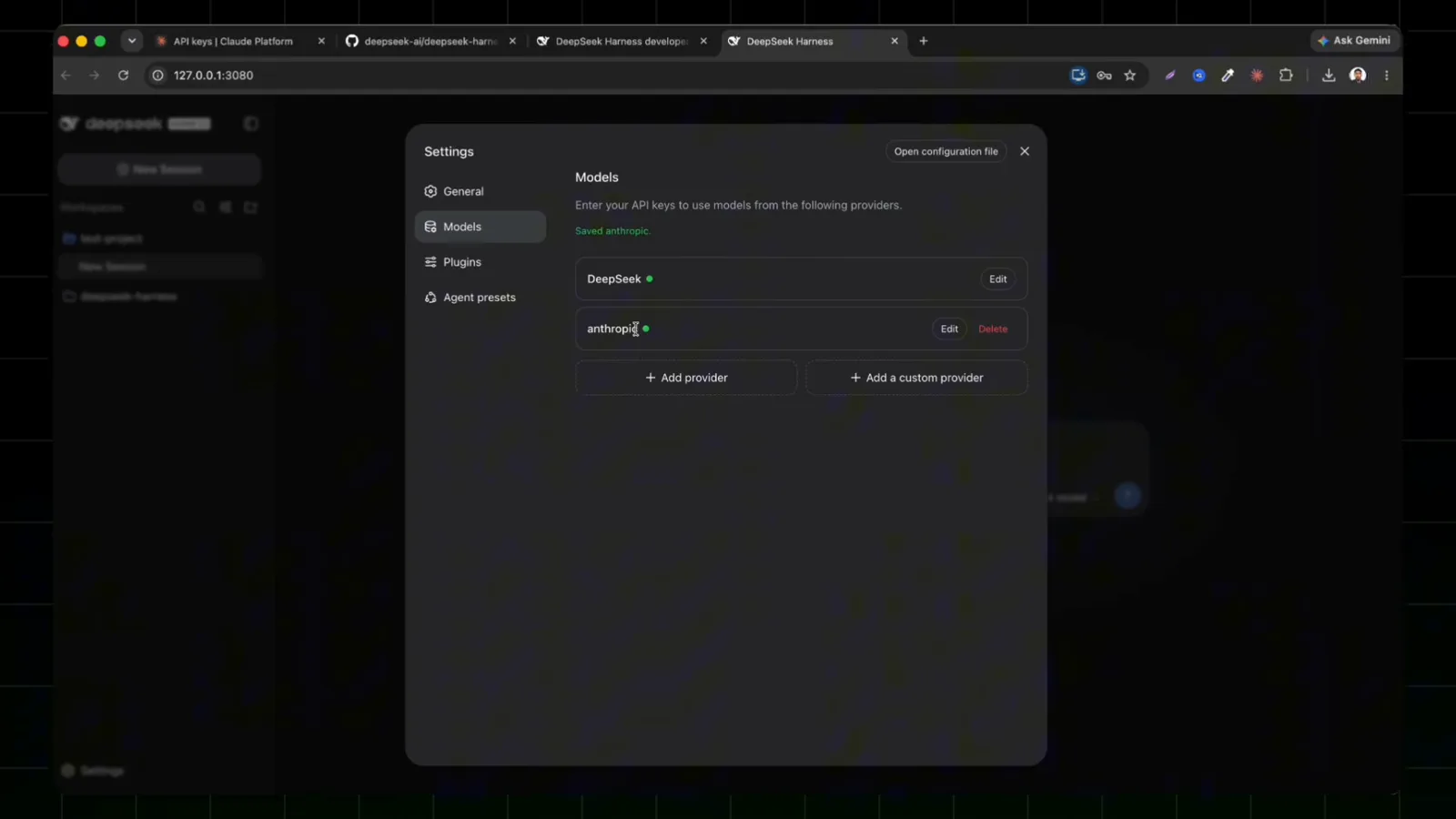 Once the key is pasted, DeepSeek Harness lists Anthropic as connected beside DeepSeek in the Models list. Once the key is pasted, DeepSeek Harness lists Anthropic as connected beside DeepSeek in the Models list.