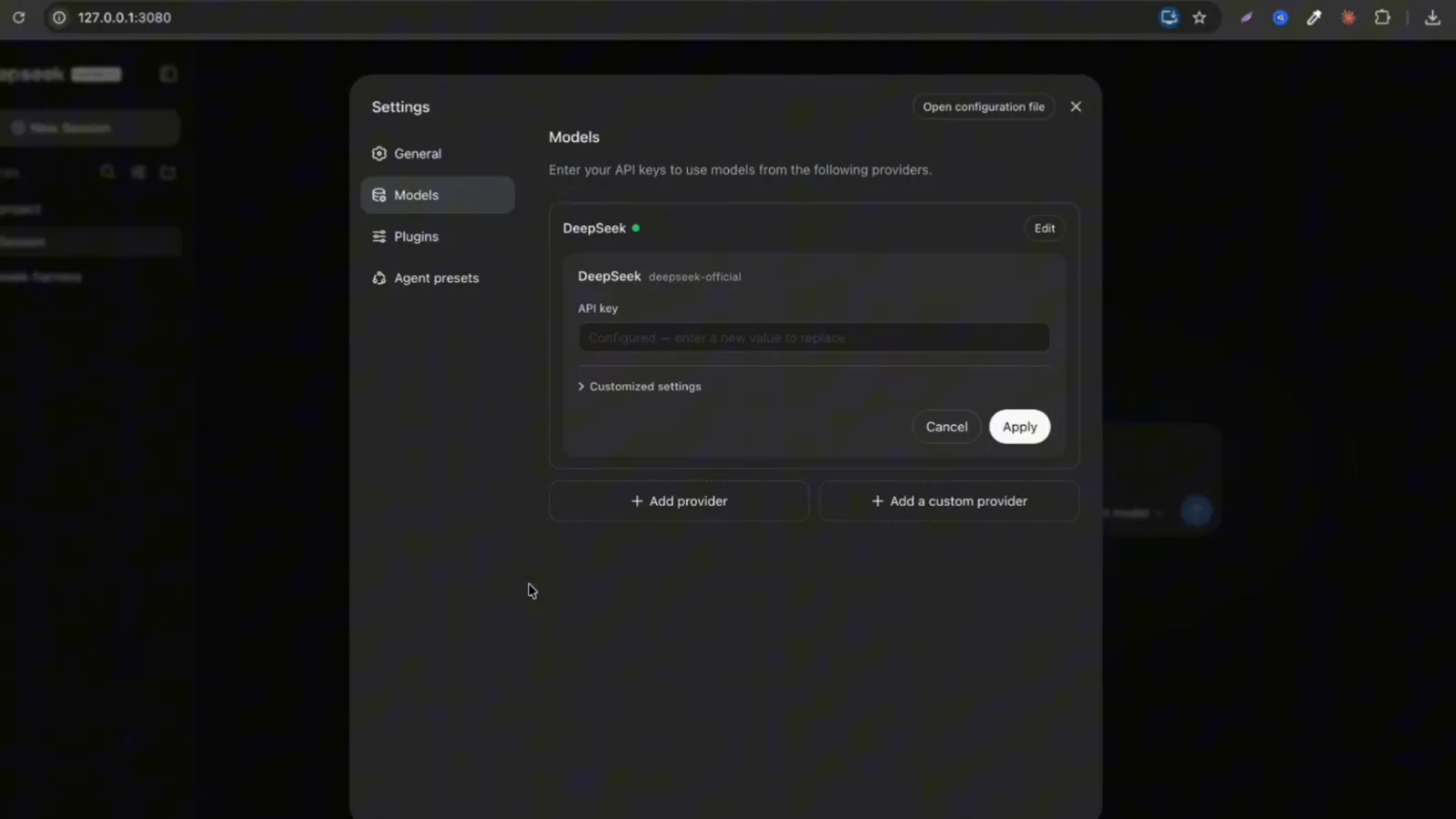This DeepSeek Harness screen stops at the Settings Models panel, where the DeepSeek provider's API key field sits empty and ready to paste. This DeepSeek Harness screen stops at the Settings Models panel, where the DeepSeek provider's API key field sits empty and ready to paste.
