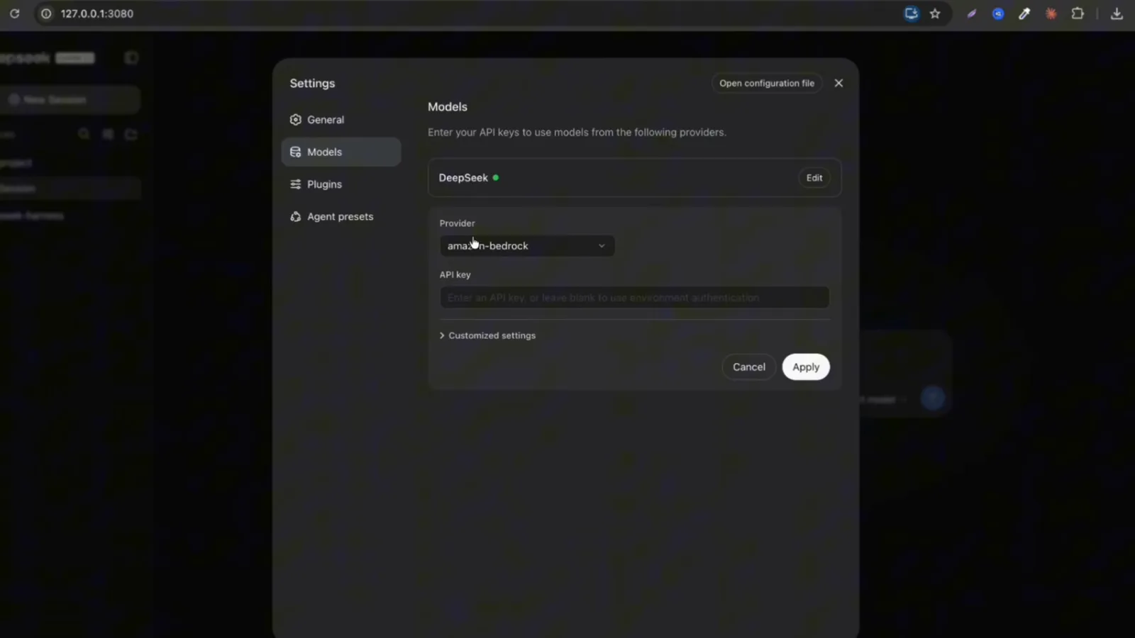 Scrolling the Add provider dropdown in DeepSeek Harness reveals amazon-bedrock, anthropic, openrouter, ollama and dozens more. Scrolling the Add provider dropdown in DeepSeek Harness reveals amazon-bedrock, anthropic, openrouter, ollama and dozens more.