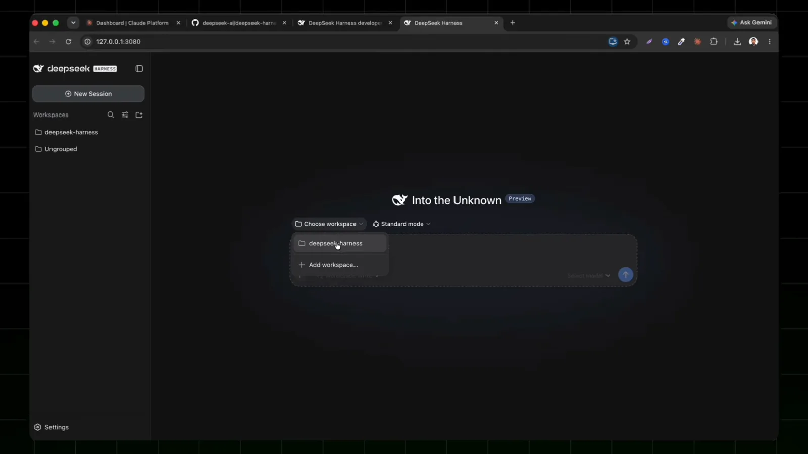 On first launch, DeepSeek Harness opens the Choose workspace menu in the composer, where Add workspace lets you pick a directory. On first launch, DeepSeek Harness opens the Choose workspace menu in the composer, where Add workspace lets you pick a directory.