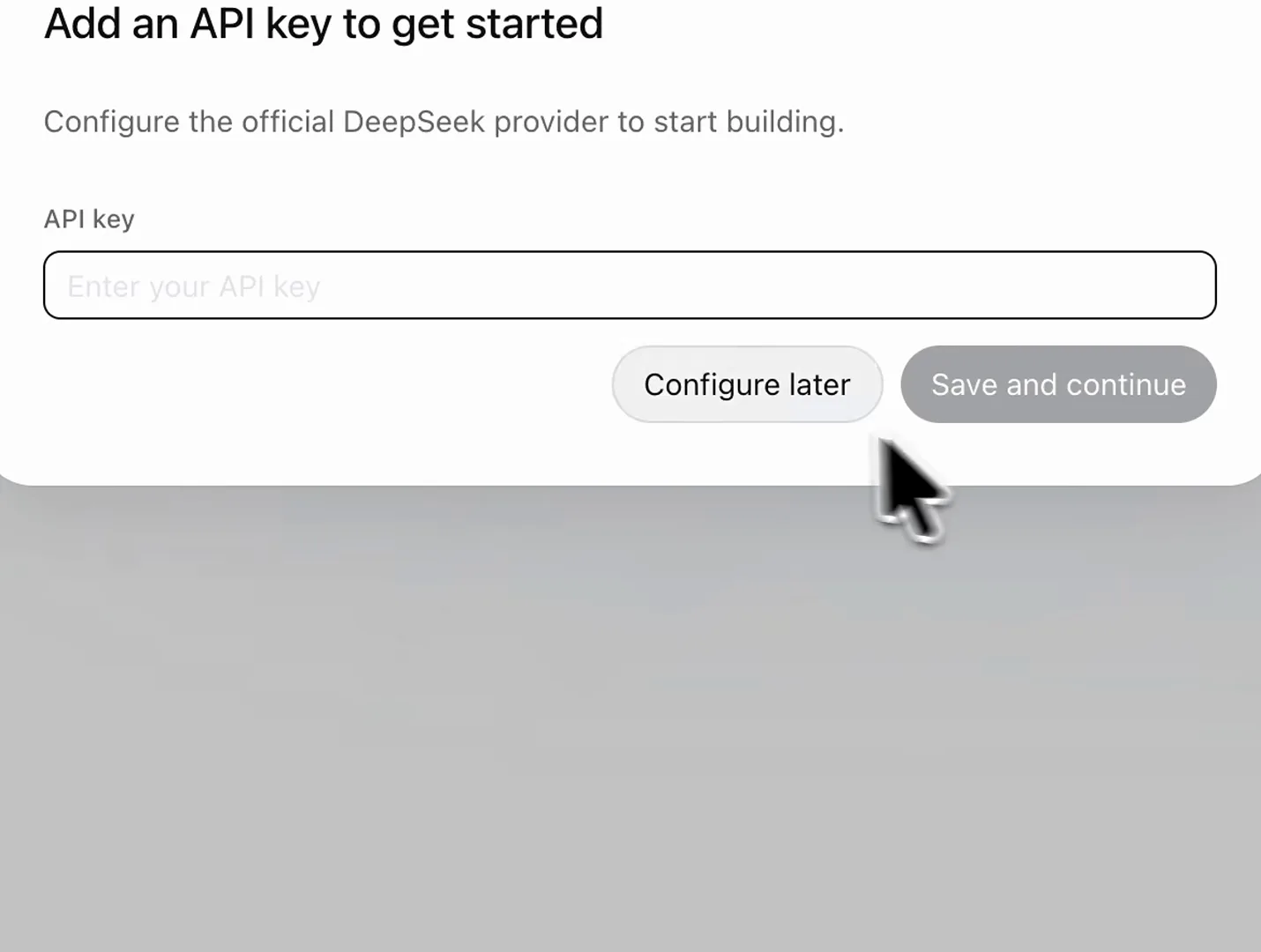 Add an API key to get started dialog in DeepSeek Harness on Mac with Configure later and Save and continue buttons
