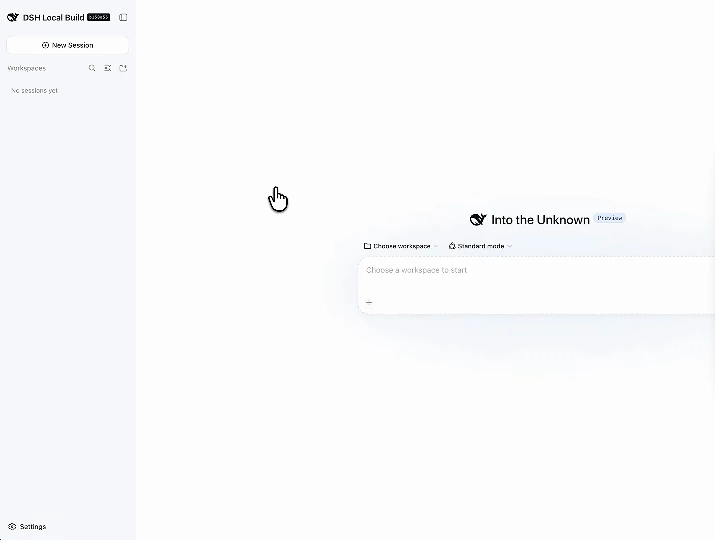 DeepSeek Harness dashboard ready for a first task with the workspace picker and Standard mode selector on the composer