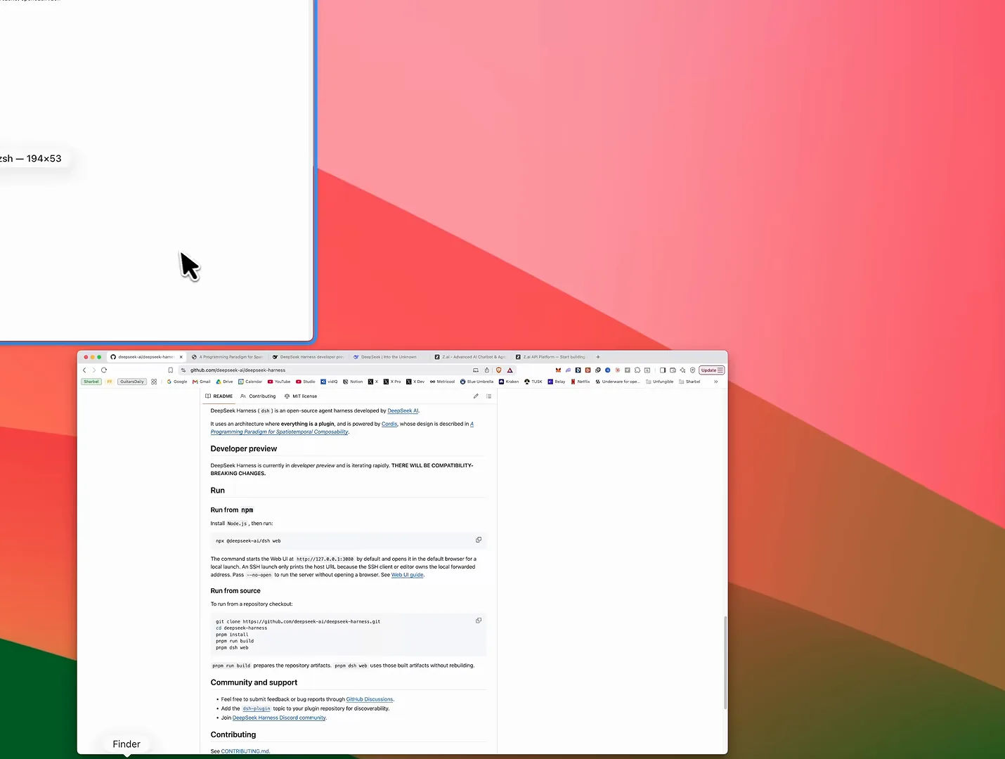 macOS desktop with the deepseek-ai/deepseek-harness GitHub README open in Safari showing Run from npm and Run from source instructions