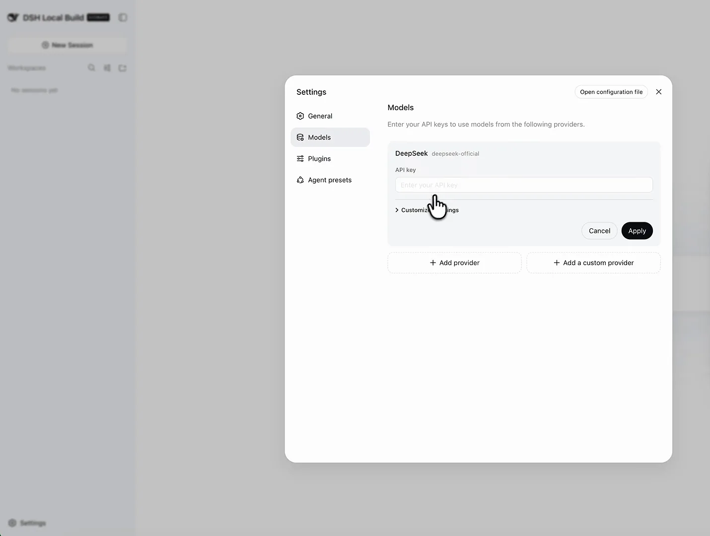 DeepSeek Harness Settings Models panel with the DeepSeek API key field plus Add provider and Add a custom provider buttons
