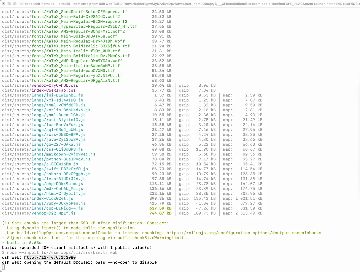 macOS Terminal finishing the DeepSeek Harness install with built in 6.63s and dsh web: http://127.0.0.1:3080 before opening the default browser