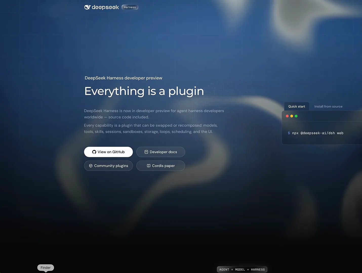 DeepSeek Harness homepage with the Everything is a plugin headline and a Quick start panel showing the npx @deepseek-ai/dsh web run command