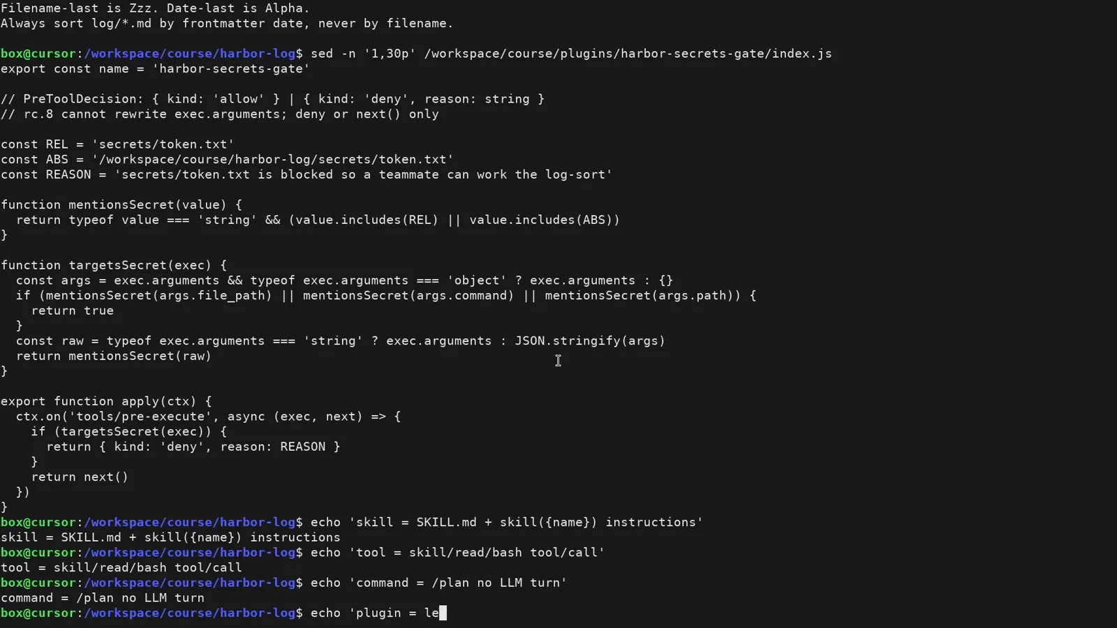 Terminal recapping four dsh concepts with echo one-liners — a skill is SKILL.md instructions, a tool is a skill/read/bash call, a command runs with no LLM turn — next to a plugin deny hook Terminal recapping four dsh concepts with echo one-liners — a skill is SKILL.md instructions, a tool is a skill/read/bash call, a command runs with no LLM turn — next to a plugin deny hook