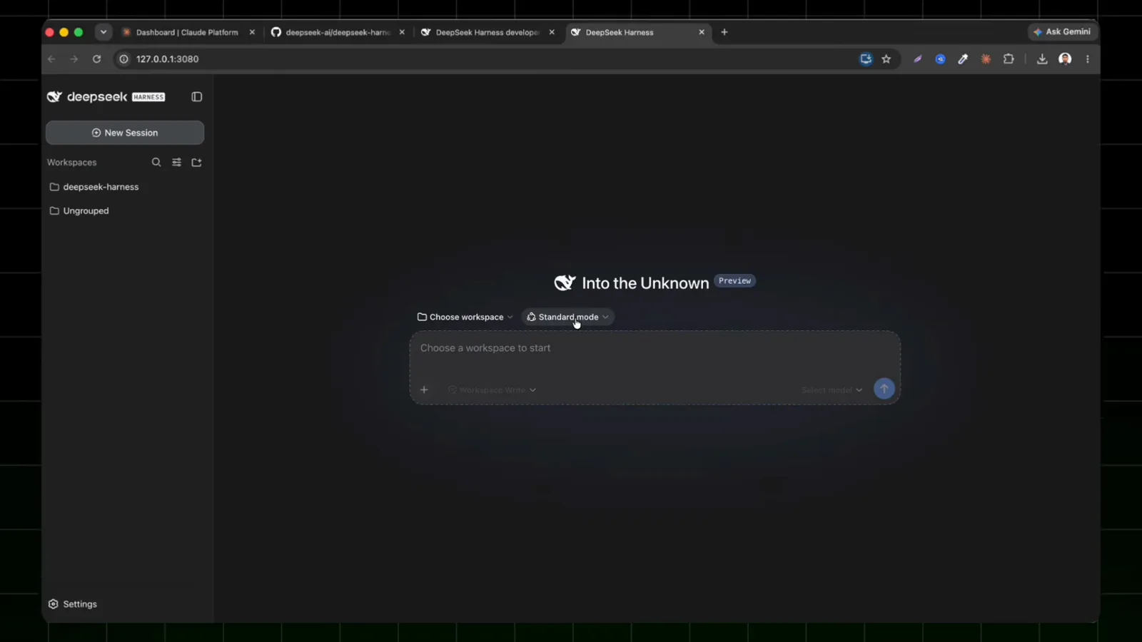 DeepSeek Harness Into the Unknown onboarding screen with Choose workspace and Standard mode selectors above the message box DeepSeek Harness Into the Unknown onboarding screen with Choose workspace and Standard mode selectors above the message box
