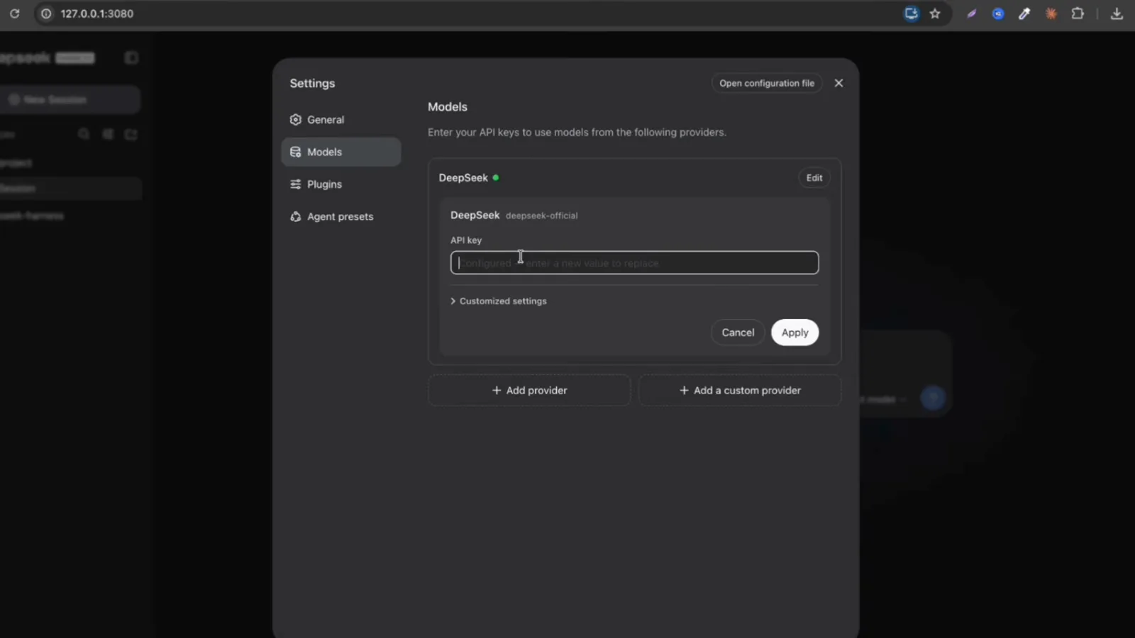DeepSeek Harness Settings Models screen with the DeepSeek provider API key field and Apply button for connecting DeepSeek models DeepSeek Harness Settings Models screen with the DeepSeek provider API key field and Apply button for connecting DeepSeek models