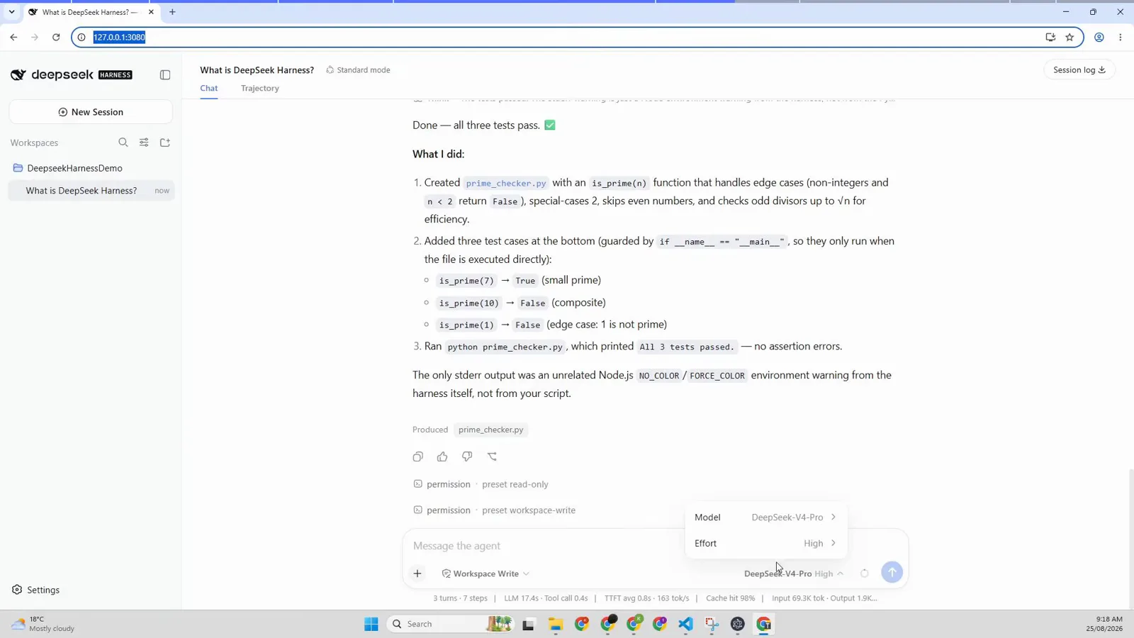 DeepSeek Harness model selector menu showing DeepSeek-V4-Pro and reasoning Effort options above the message box DeepSeek Harness model selector menu showing DeepSeek-V4-Pro and reasoning Effort options above the message box