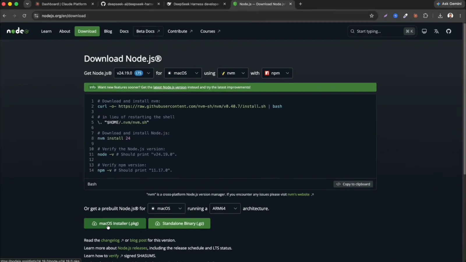 nodejs.org Download Node.js page with the Prebuilt Installer download button used to install Node.js on Windows before DeepSeek Harness nodejs.org Download Node.js page with the Prebuilt Installer download button used to install Node.js on Windows before DeepSeek Harness