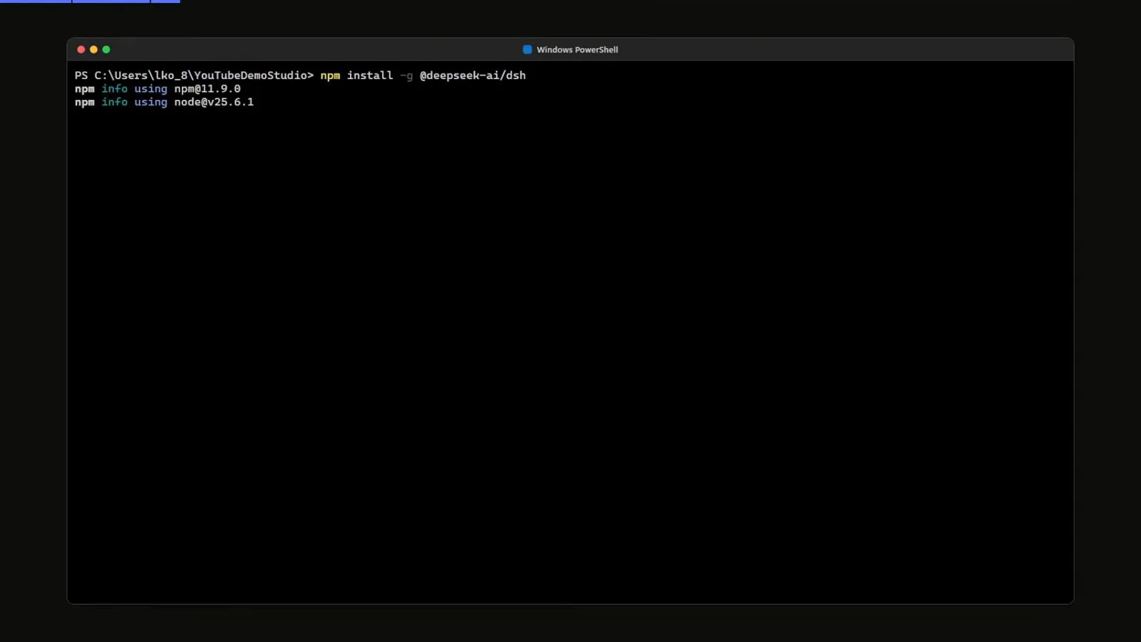 PowerShell running npm install -g @deepseek-ai/dsh, the global install command for DeepSeek Harness on Windows PowerShell running npm install -g @deepseek-ai/dsh, the global install command for DeepSeek Harness on Windows
