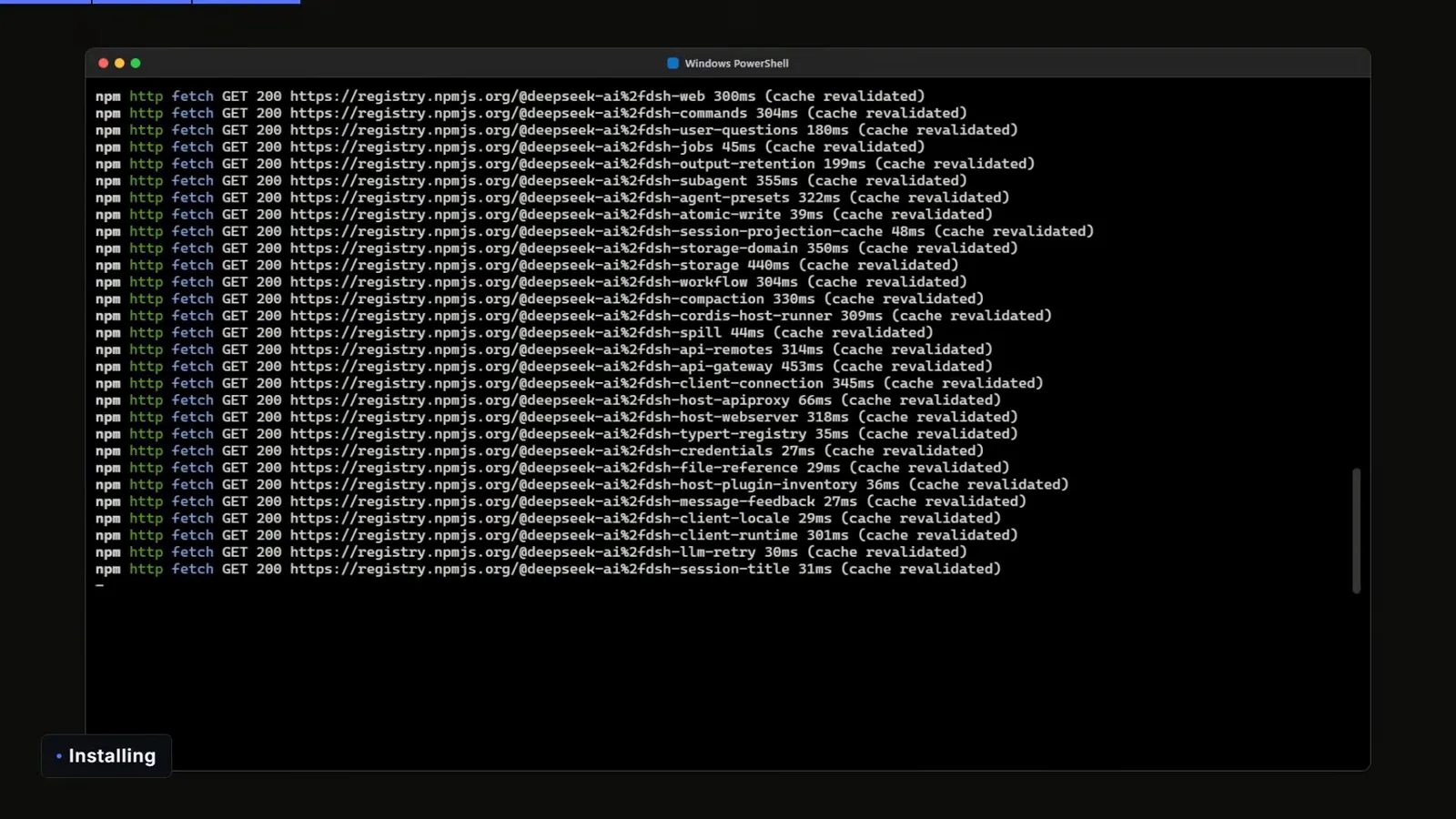 PowerShell printing npm http fetch lines while npm downloads DeepSeek Harness plugin packages from the registry PowerShell printing npm http fetch lines while npm downloads DeepSeek Harness plugin packages from the registry