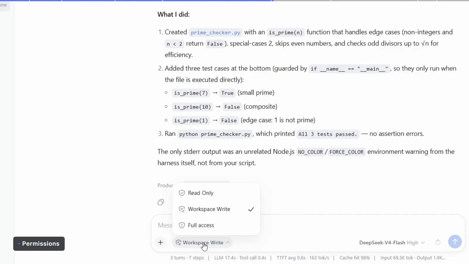 DeepSeek Harness permission dropdown showing Read Only, Workspace Write and Full access modes with Workspace Write checked DeepSeek Harness permission dropdown showing Read Only, Workspace Write and Full access modes with Workspace Write checked