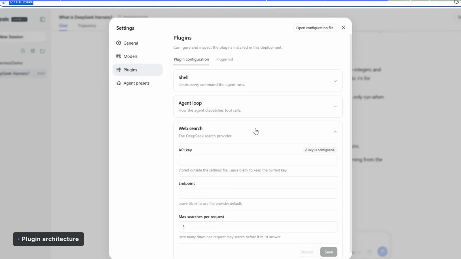 DeepSeek Harness Settings Plugins panel showing Shell, Agent loop and Web search plugin configuration with an API key field DeepSeek Harness Settings Plugins panel showing Shell, Agent loop and Web search plugin configuration with an API key field