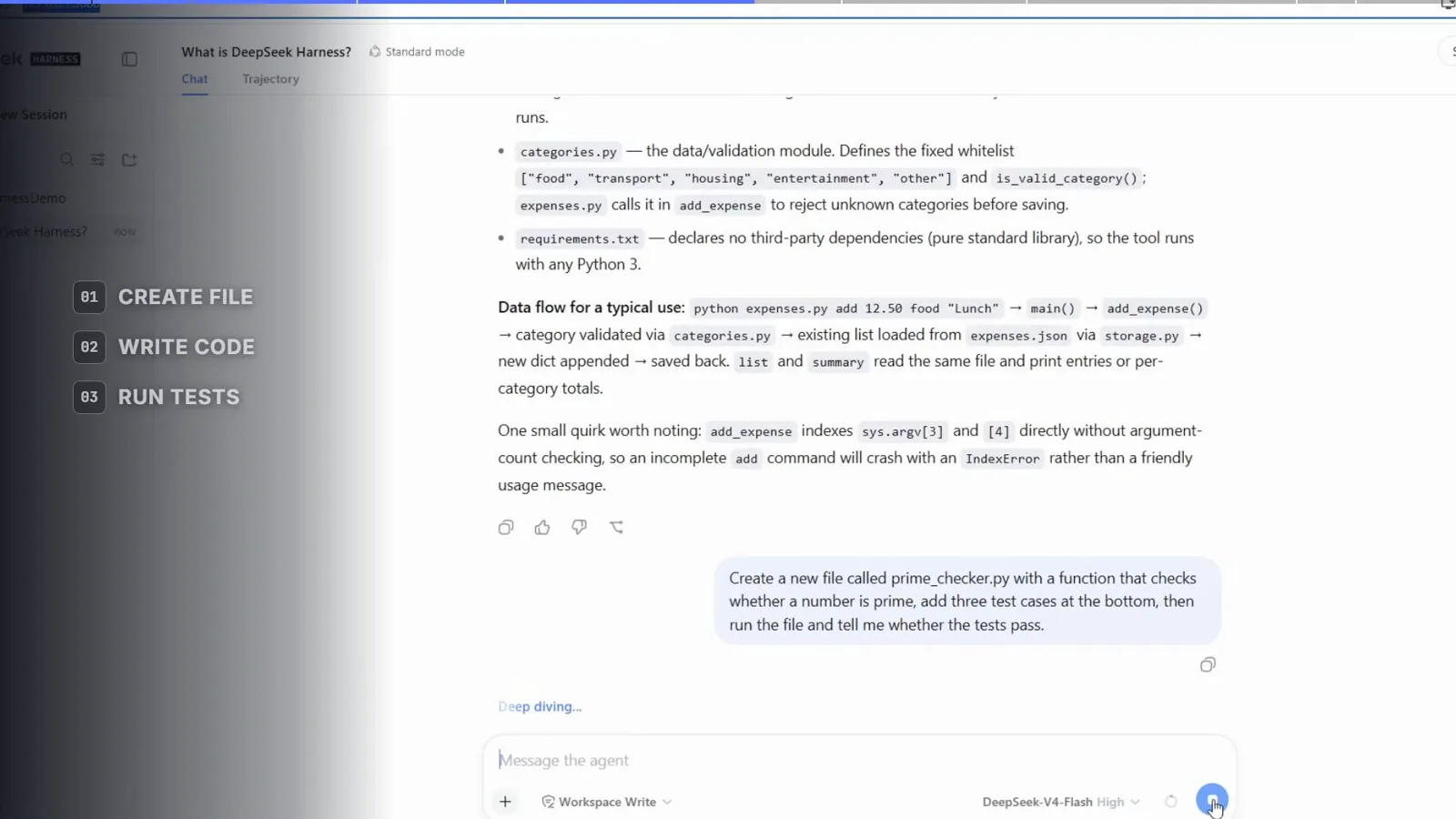 DeepSeek Harness chat showing the CREATE FILE, WRITE CODE and RUN TESTS task tracker next to the agent code explanation DeepSeek Harness chat showing the CREATE FILE, WRITE CODE and RUN TESTS task tracker next to the agent code explanation