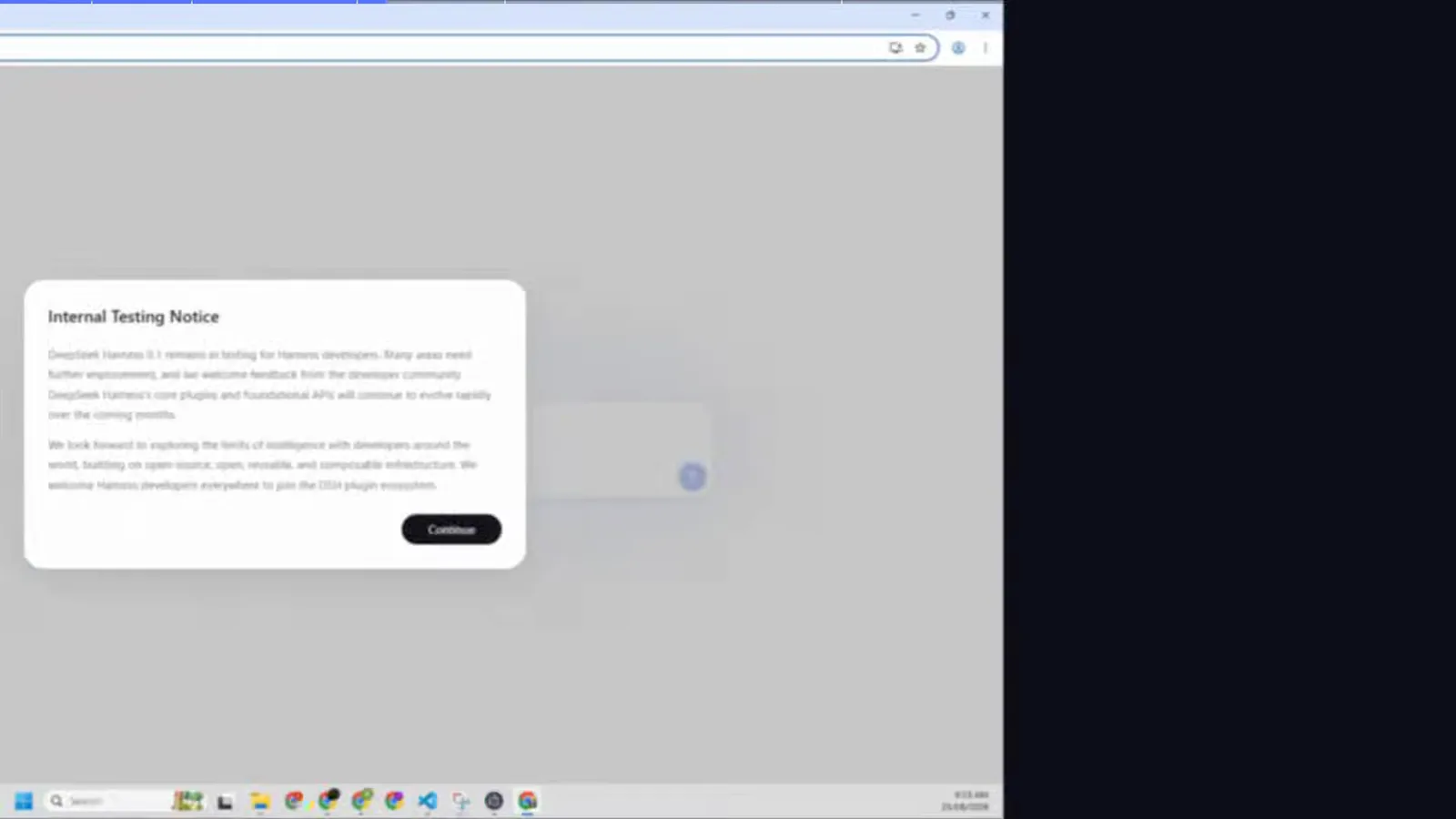 DeepSeek Harness web UI first launch in Chrome on Windows showing the Internal Testing Notice dialog with a Continue button DeepSeek Harness web UI first launch in Chrome on Windows showing the Internal Testing Notice dialog with a Continue button