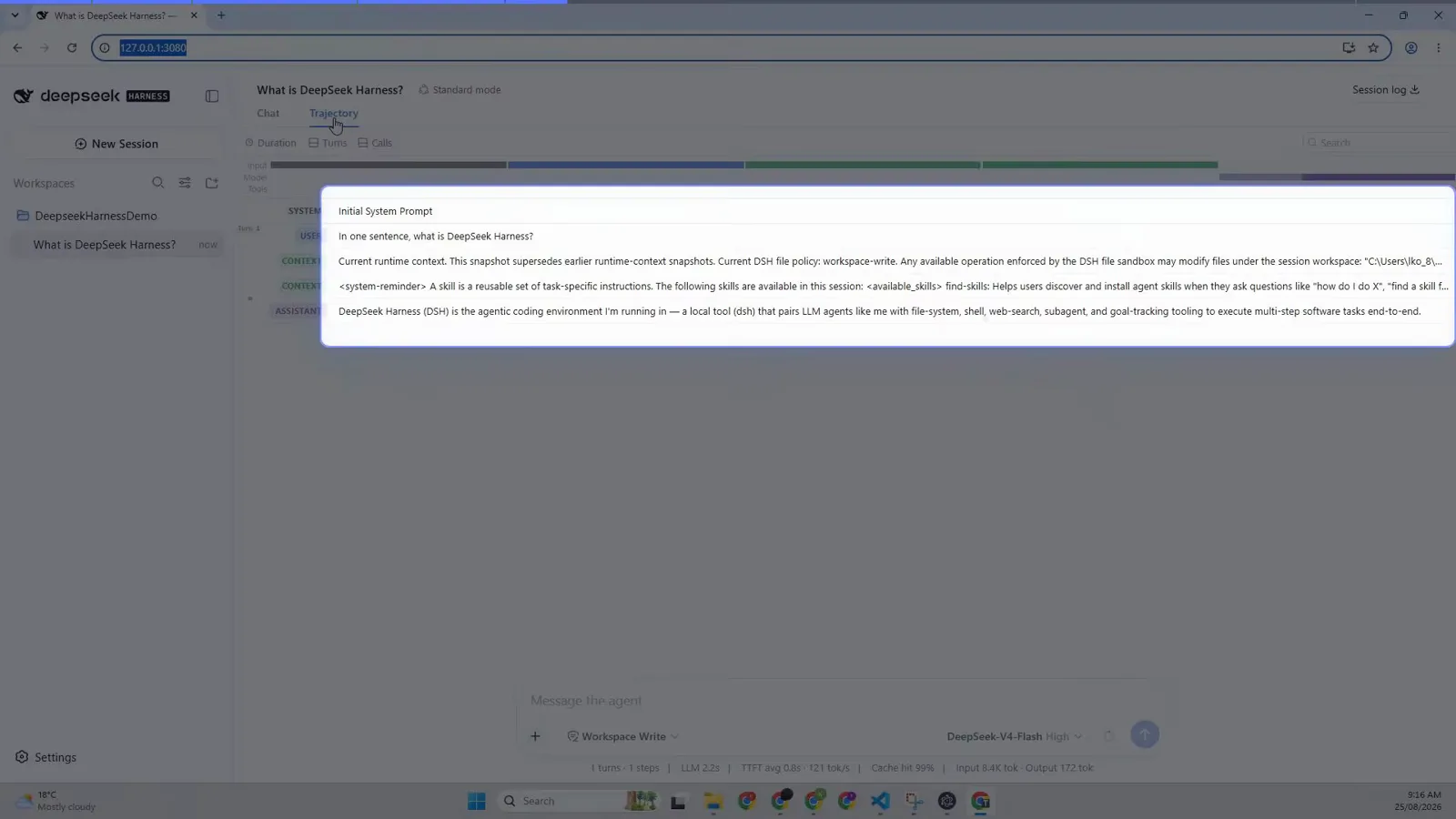DeepSeek Harness Trajectory tab in Chrome on Windows showing the Initial System Prompt for the question what is DeepSeek Harness DeepSeek Harness Trajectory tab in Chrome on Windows showing the Initial System Prompt for the question what is DeepSeek Harness