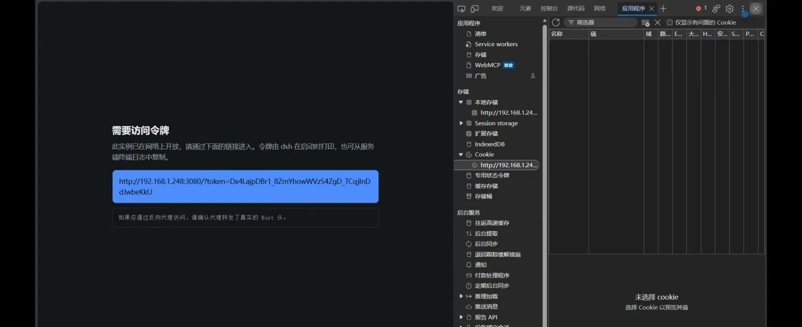 DevTools' Application panel on the connecting device lists 本地存储 (local storage) and Cookie rows for the http://192.168.1.24… LAN origin while dsh's 需要访问令牌 token gate stays open on the left DevTools' Application panel on the connecting device lists 本地存储 (local storage) and Cookie rows for the http://192.168.1.24… LAN origin while dsh's 需要访问令牌 token gate stays open on the left