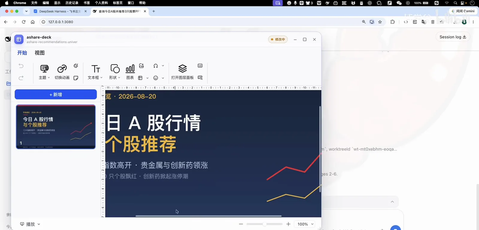 The popped-out Univer editor window ashare-deck drafting a dark cover slide titled "Today's A-share market & stock picks", an editing badge shown in its title bar
