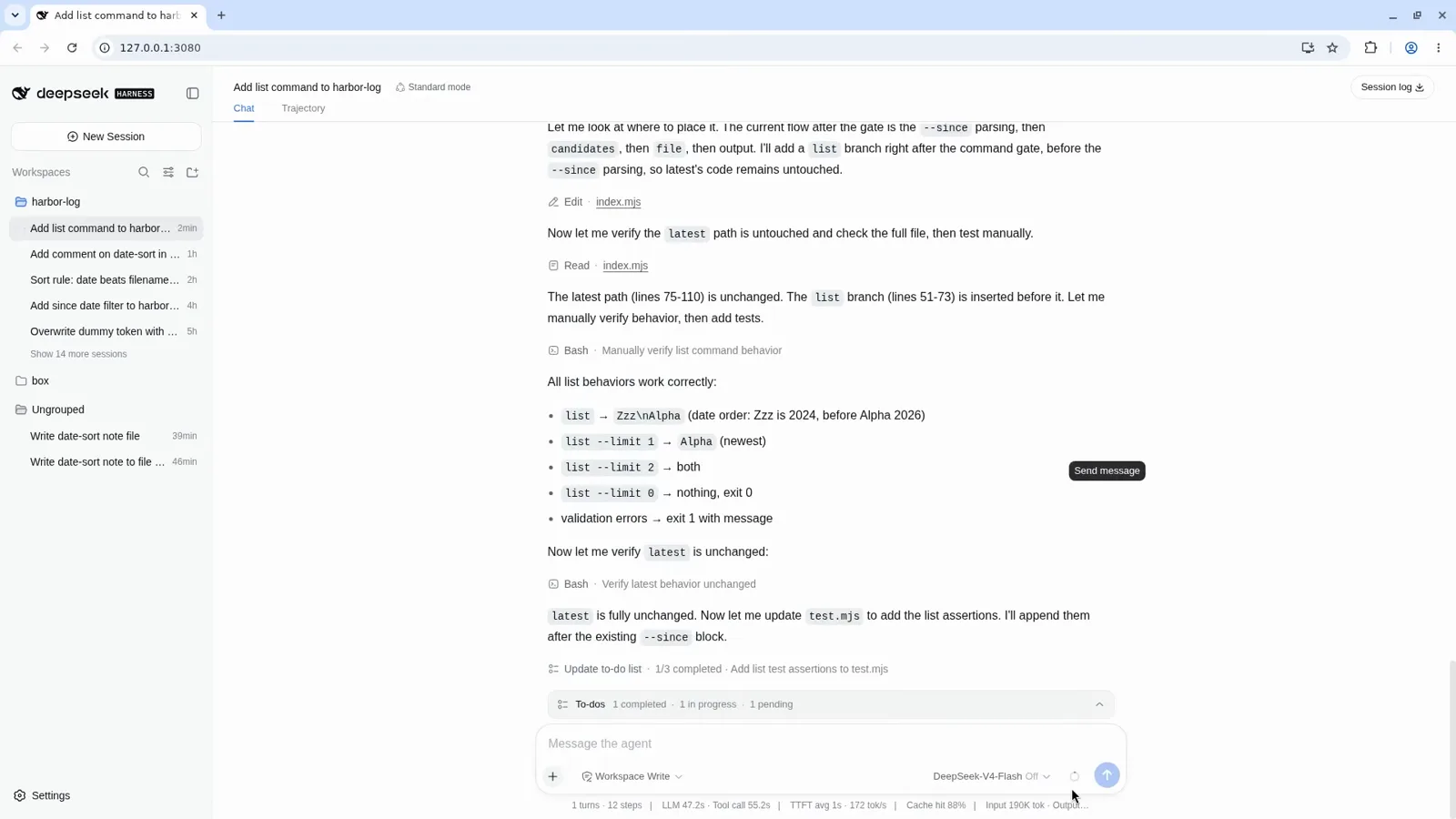 DeepSeek Harness chat with Edit and Bash tool cards next to a to-do tracker showing 1 completed, 1 in progress, 1 pending