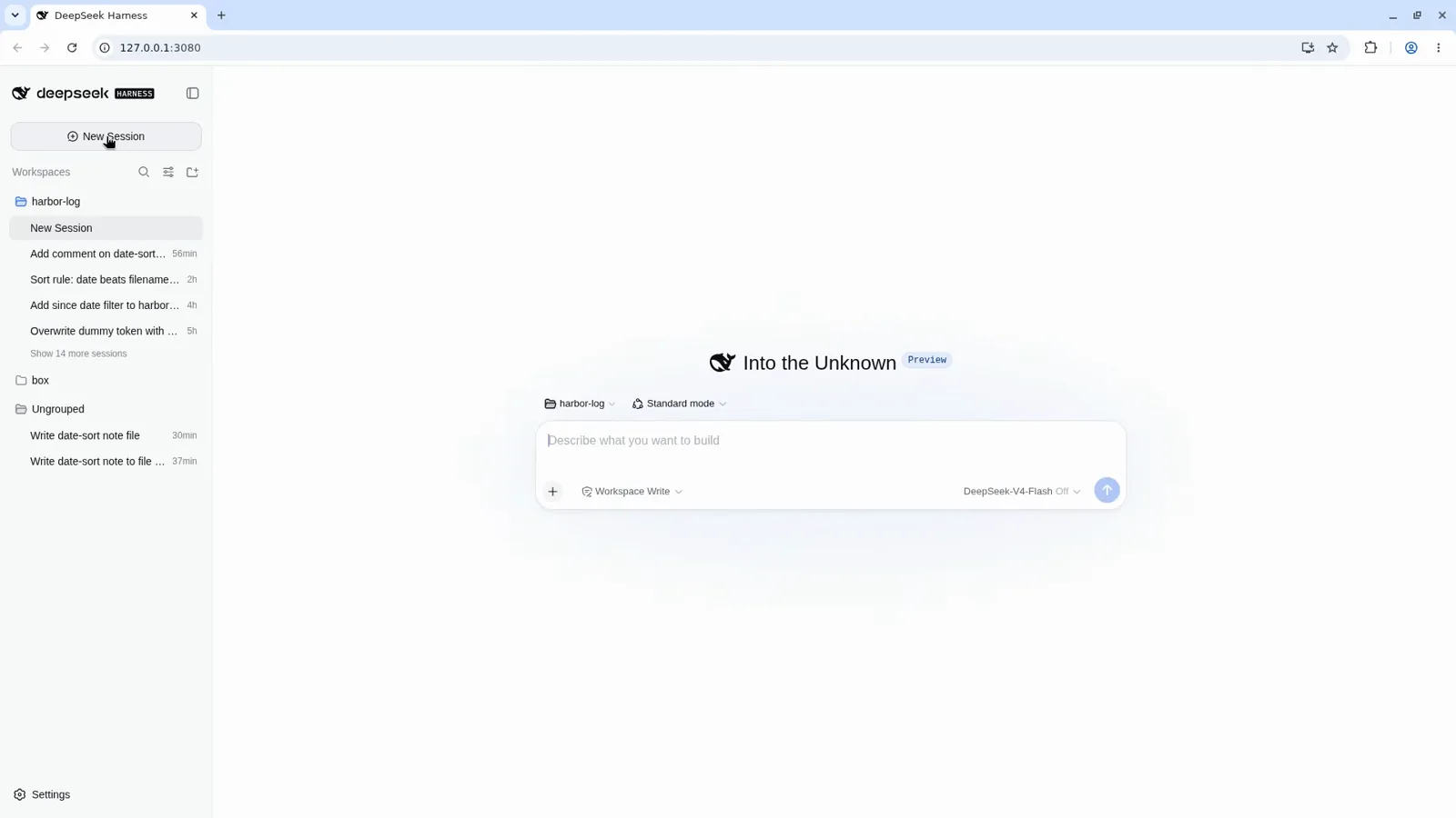DeepSeek Harness new session page with harbor-log workspace, Standard mode, Workspace Write and DeepSeek-V4-Flash before entering plan mode