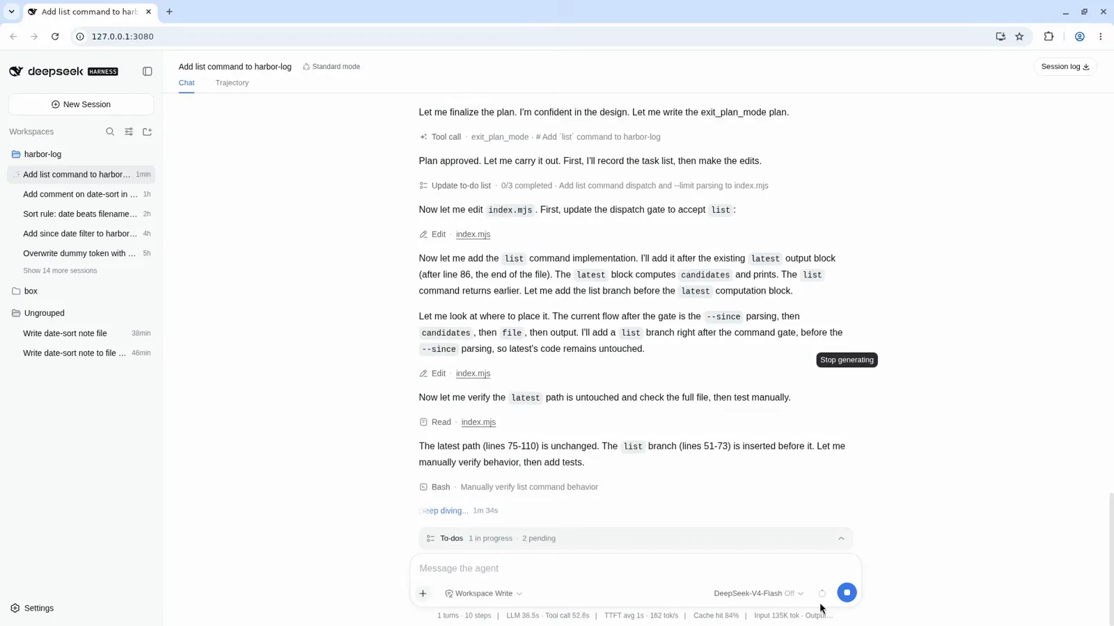 DeepSeek Harness chat showing the exit_plan_mode call followed by Plan approved and the first to-do list updates