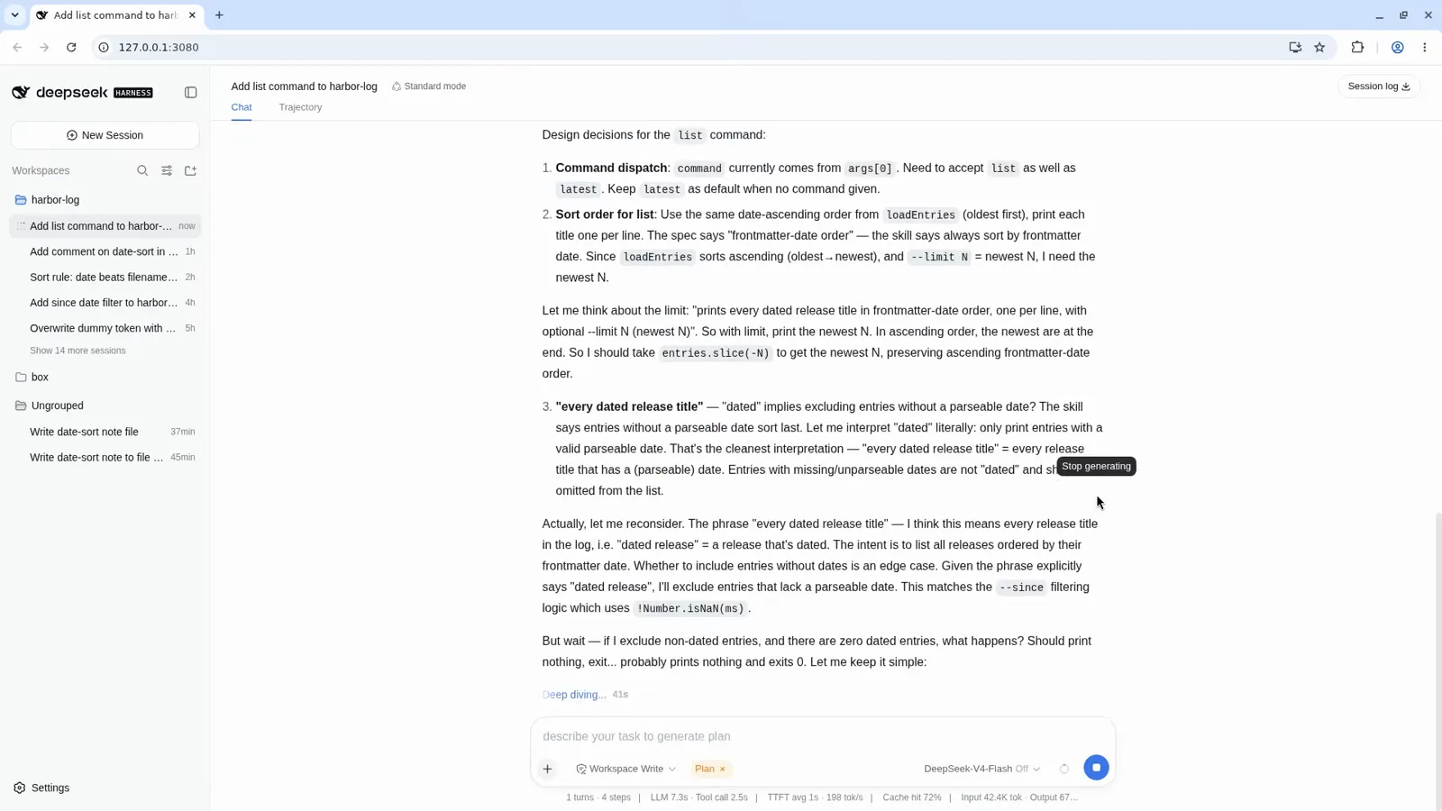 DeepSeek Harness chat with the agent weighing design decisions in plan mode before the exit_plan_mode call