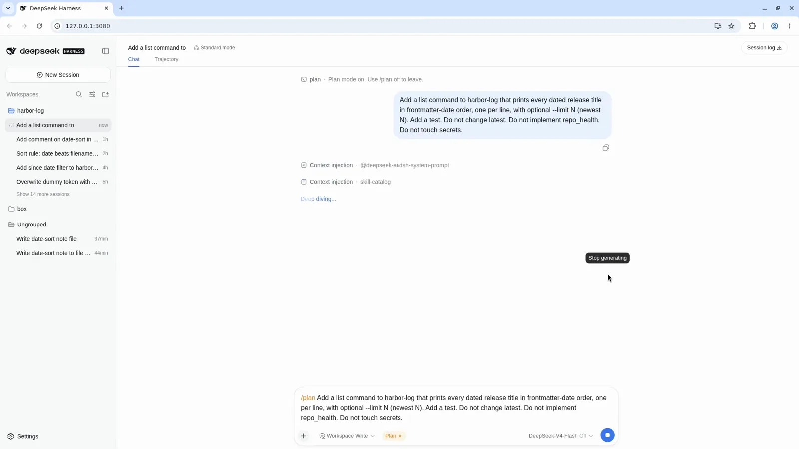 DeepSeek Harness chat showing the Plan mode on banner with the /plan off hint above the sent task message