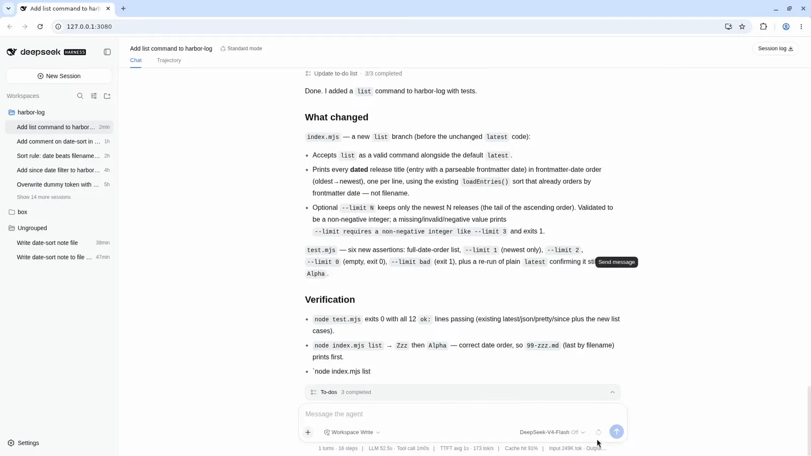 DeepSeek Harness What changed summary with a Verification checklist and three completed to-dos after the planned edit