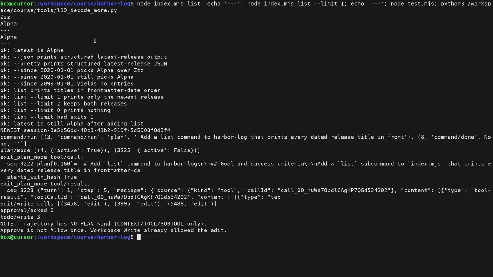 Terminal decoding a DeepSeek Harness session record with plan mode on and off, the exit_plan_mode call and zero approvals