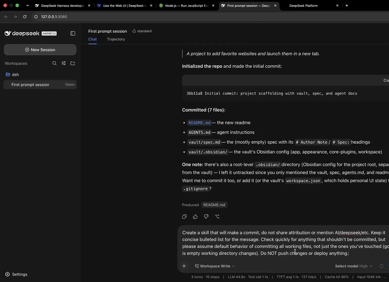 DeepSeek Harness chat input containing the one-paragraph prompt that creates a commit skill, instructing the agent to commit all working files, skip AI attribution, and never push or deploy DeepSeek Harness chat input containing the one-paragraph prompt that creates a commit skill, instructing the agent to commit all working files, skip AI attribution, and never push or deploy
