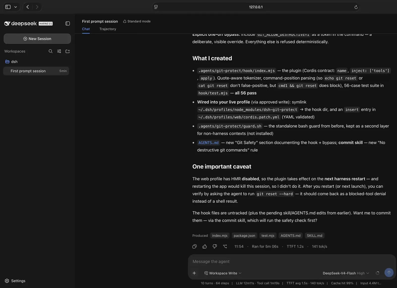DeepSeek Harness chat listing what the git-protect plugin created: a Cordis contract index.mjs, a symlink into ~/.dsh/profiles/node_modules, and a caveat that the plugin takes effect on the next harness restart DeepSeek Harness chat listing what the git-protect plugin created: a Cordis contract index.mjs, a symlink into ~/.dsh/profiles/node_modules, and a caveat that the plugin takes effect on the next harness restart