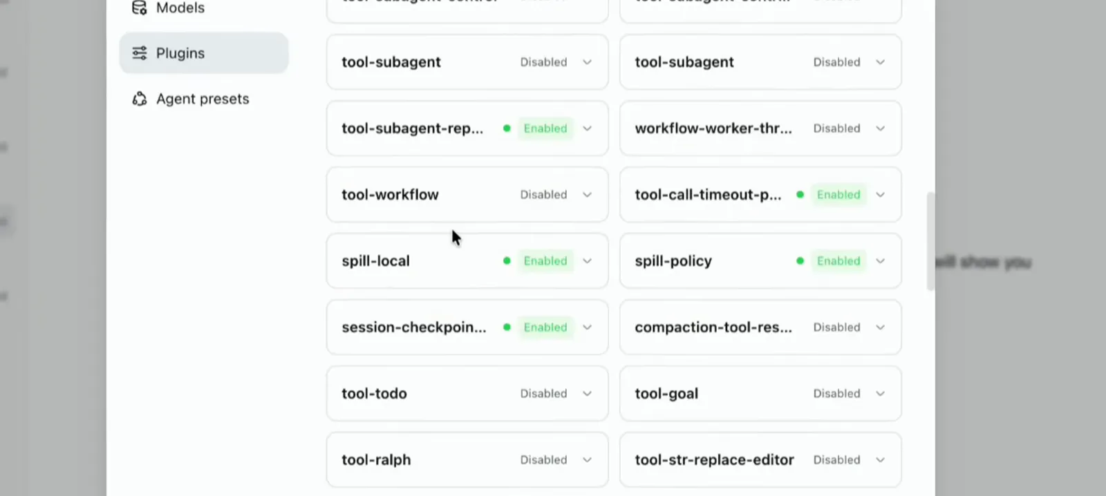 DeepSeek Harness settings plugins panel showing a two-column grid of plugins like tool-subagent, spill-local and web, each with its own enabled or disabled toggle DeepSeek Harness settings plugins panel showing a two-column grid of plugins like tool-subagent, spill-local and web, each with its own enabled or disabled toggle