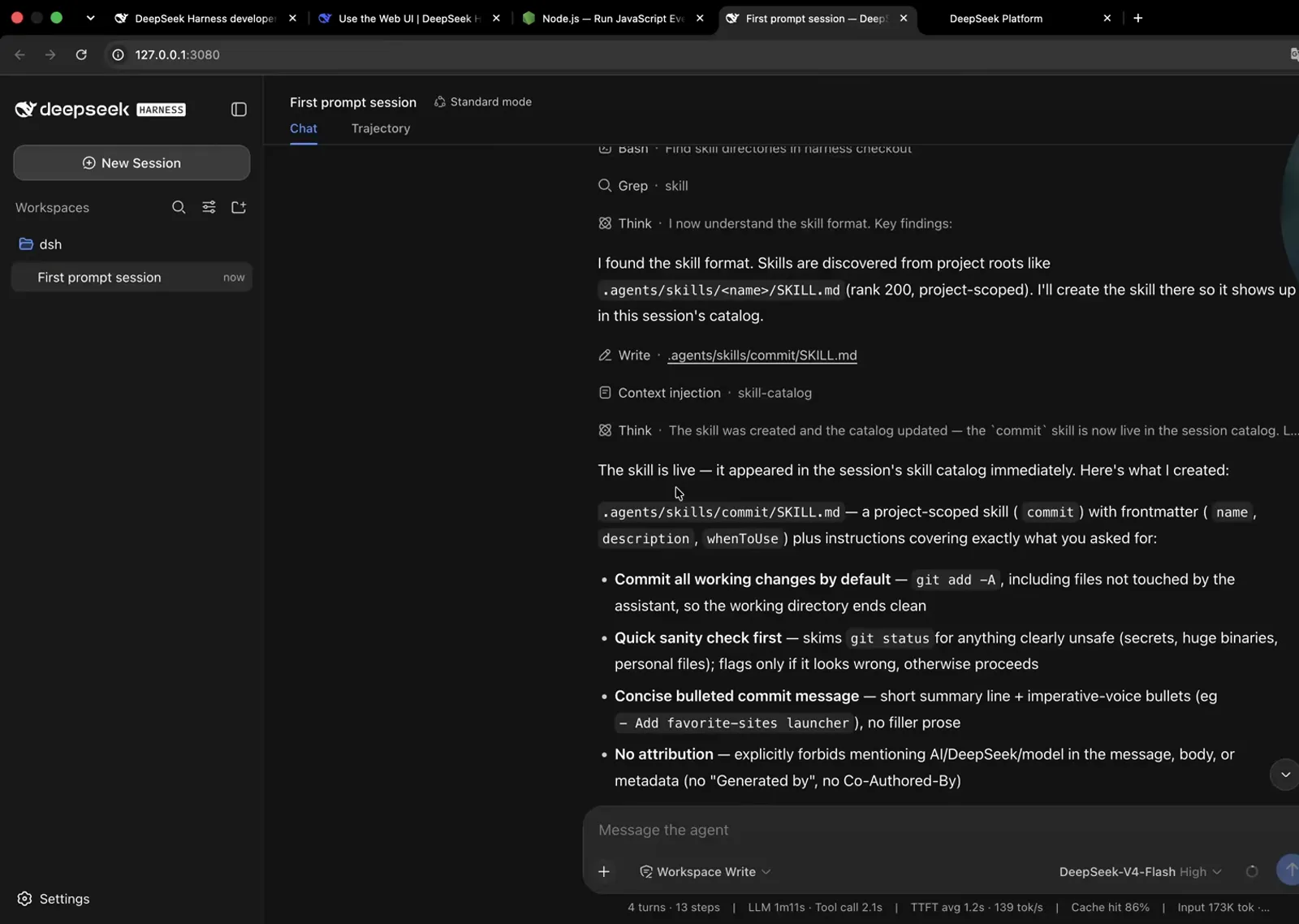 DeepSeek Harness chat confirming that .agents/skills/commit/SKILL.md was written with name, description and whenToUse frontmatter and that the commit skill is now live in the session's skill catalog DeepSeek Harness chat confirming that .agents/skills/commit/SKILL.md was written with name, description and whenToUse frontmatter and that the commit skill is now live in the session's skill catalog