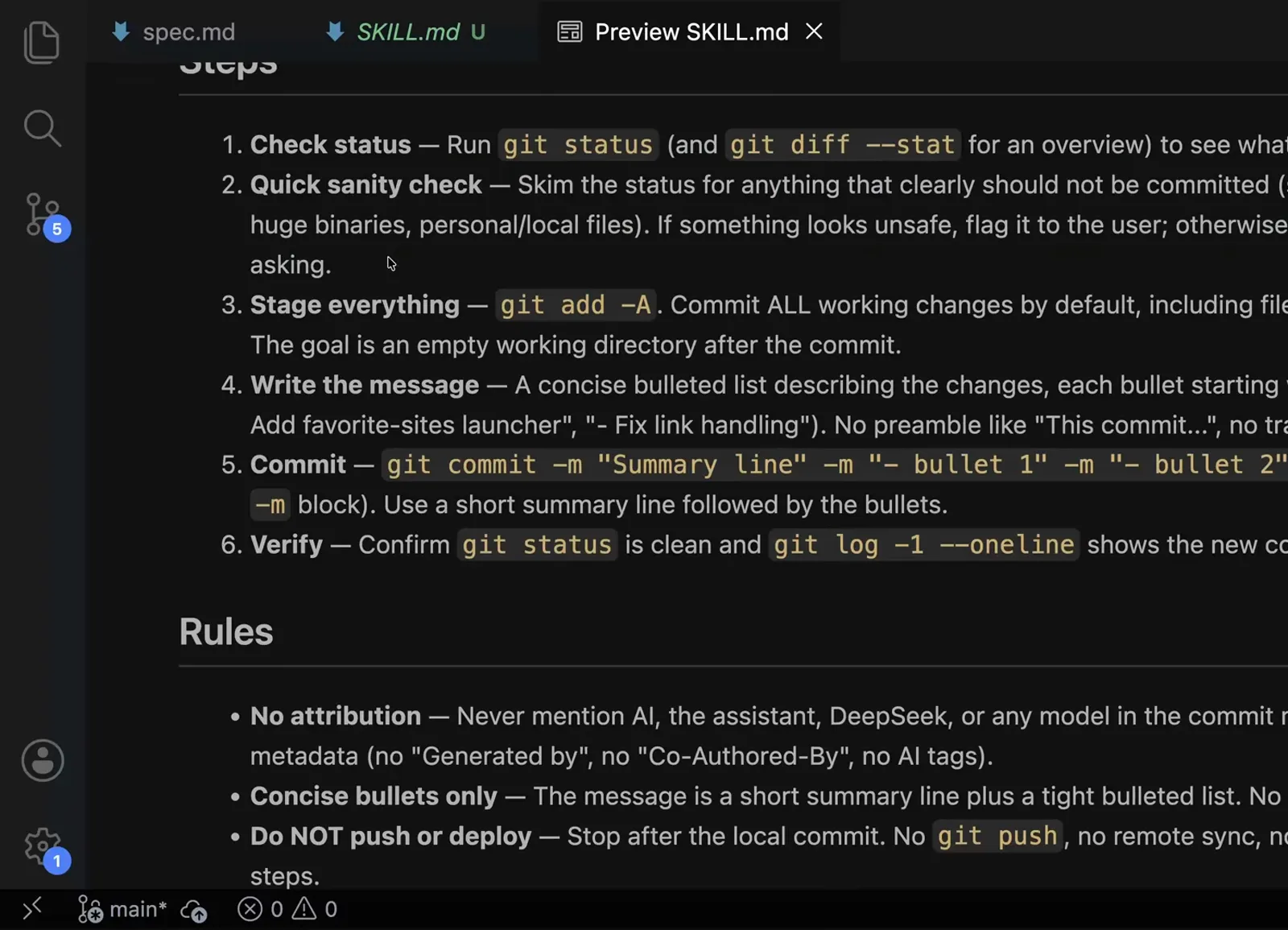 VS Code preview of the generated commit SKILL.md showing six numbered steps from git status to verify plus rules like no attribution and do not push or deploy VS Code preview of the generated commit SKILL.md showing six numbered steps from git status to verify plus rules like no attribution and do not push or deploy