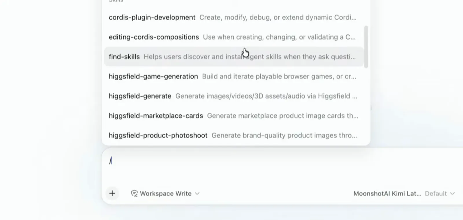 Slash-command menu in the DeepSeek Harness composer listing installed skills such as find-skills and cordis-plugin-development with a one-line description for each Slash-command menu in the DeepSeek Harness composer listing installed skills such as find-skills and cordis-plugin-development with a one-line description for each