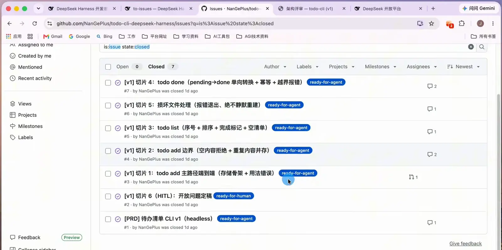 GitHub issues list of todo-cli-deepseek-harness showing six closed v1 task slices labeled ready-for-agent that DeepSeek Harness sliced from the PRD