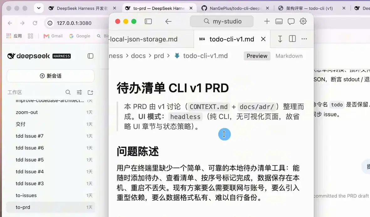 PRD document docs/prd/todo-cli-v1.md previewed in DeepSeek Harness with a problem statement and solution outline derived from the CONTEXT.md terms and ADR decisions