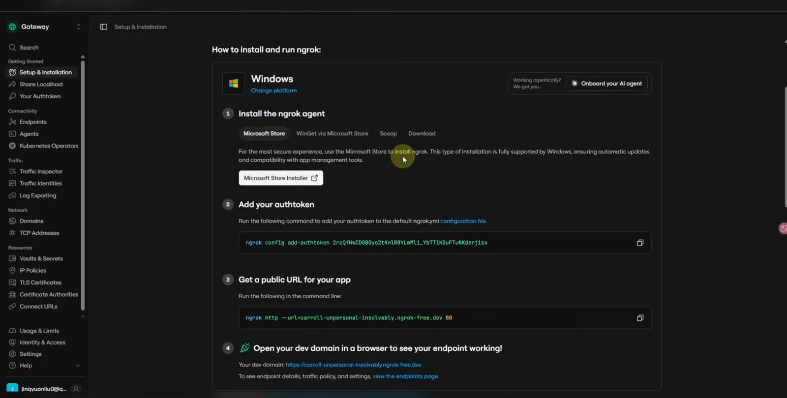 ngrok dashboard Setup and Installation page listing the winget install command, the ngrok config add-authtoken line and the ngrok http forwarding command