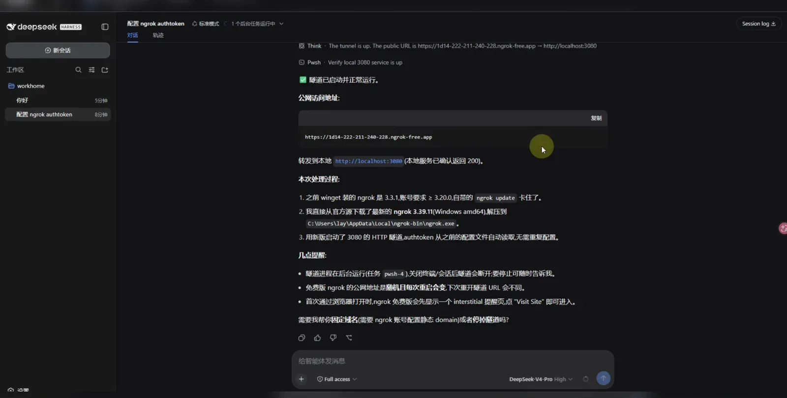 DeepSeek Harness session named configure ngrok authtoken showing the public URL panel, the localhost:3080 forwarding target and restart notes viewed over the tunnel